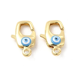 Deep Sky Blue Brass Lobster Claw Clasps, with Enamel, Real 18K Gold Plated, Long-Lasting Plated, Evil Eye Pattern, Deep Sky Blue, 20x16x2mm, Hole: 2~3mm
