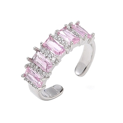 Pink Латунные микропаве кубические цирконии манжеты открытые кольца для женщин, долговечный, стойки покрытие, платина, розовые, 7 мм, внутренний диаметр: 17 мм