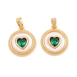 Настоящее золото 18K Латунные микро проложить кубического циркония подвески, с оболочкой, плоский круглый с сердечками, реальный 18 k позолоченный, 16x14x3.5 мм, отверстие : 4x2.5 мм