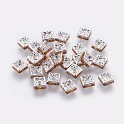 Topaz Brass Rhinestone Spacer Beads, Grade A, Nickel Free, Silver Metal Color, Square, Topaz, 6x6x3mm, Hole: 1mm