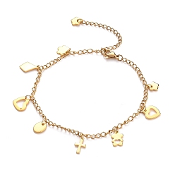 Golden 304 Stainless Steel Charm Anklets, with Curb Chains and Lobster Claw Clasps, Golden, 9-1/4 inch(23.6cm)