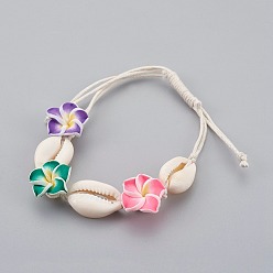 Colorful Cowrie Shell Anklets/Bracelets, with Random Color Polymer Clay 3D Flower Plumeria Beads and Waxed Cotton Cord, Colorful, 4-1/2 inch(11.5cm)~10-1/4 inch(26cm)