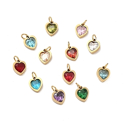 Mixed Color Vacuum Plating 304 Stainless Steel Pendants, with Cubic Zirconia and Jump Rings, Single Stone Charms, Heart, Golden, Mixed Color, 9x8x3mm, Hole: 3.6mm