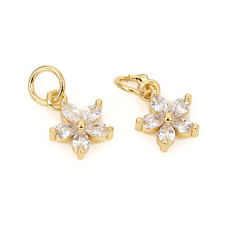 Golden Brass Micro Pave Cubic Zirconia Charms, with Jump Rings, Flower, Clear, Golden, 9.5x7.8x2.5mm, Jump Rings: 4.8x0.8mm, 3.2mm Inner Diameter