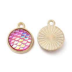 Deep Pink Alloy Resin Pendants, AB Color, Flat Round Charms with Scales Pattern, Golden, Deep Pink, 17x13.7x4mm, Hole: 1.8mm