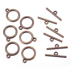 Red Copper Tibetan Style Toggle Clasps, Lead Free & Cadmium Free & Nickel Free, Rondelle, Red Copper Color, Size: Ring: about 15mm in diameter, 2mm thick, hole: 2mm, Bar: 21mm long, hole: 2mm