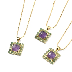 Amethyst Natural Amethyst & Green Aventurine Rectangle Pendant Necklace, Real 18K Gold Plated Brass Jewelry, 17.48~17.68 inch(44.4~44.9cm)