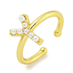 Letter Y Латунные открытые манжеты для женщин, с ABS имитации жемчуга, без кадмия и без свинца, долговечный, буквы, Письмо Y, внутренний диаметр: 17 мм, буква y: 11.3x8.5 мм