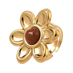 Goldstone 304 Stainless Steel Cuff Open Rings for Women, Flower, with Synthetic Goldstone, Ion Plating(IP), Golden, US Size 7(17.3mm)