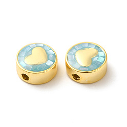 Aqua Rack Plating Brass Enamel Beads, with Shell Chips, Long-lasting Plated, Cadmium Free & Lead Free, Flat Round with Heart, Golden, Aqua, 11x4.5mm, Hole: 1.8mm