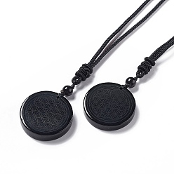 Obsidian Natural Obsidian Flat Round with Flower of Life Pendant Necklace with Nylon Cord for Women, 25.59~27.95 inch(65~71cm)