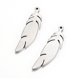 Stainless Steel Color 304 Stainless Steel Pendants, Feather, Stainless Steel Color, 24x6x1mm, Hole: 1.5mm