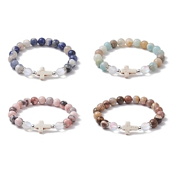 Mixed Stone Cross Natural & Synthetic Mixed Gemstone Beaded Stretch Bracelets for Women, Inner Diameter: 2-5/8~2-3/4 inch(6.8~7cm)