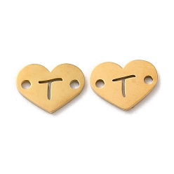 Letter T Ion Plating(IP) 304 Stainless Steel Connector Charms, Heart with Letter, Golden, Letter T, 9x12x1mm, Hole: 1.5mm