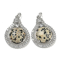 Далматинских Джаспер Натуральная далматинская яшма с подвесками из прозрачного кубического циркония, подвески для лампочек со стойкой, латунные фурнитуры, платина, без кадмия и без свинца, 35x25x8.8~9.6 мм, отверстие : 2.8x3.9 мм