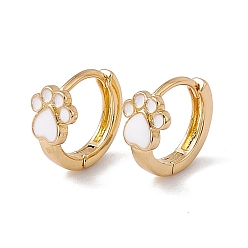 White Enamel Bear Paw Print Hoop Earrings, Golden Brass Jewelry for Women, White, 12x12.5x2mm, Pin: 0.8mm