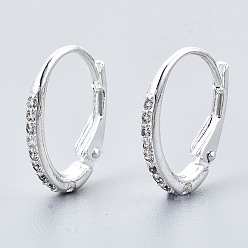 Silver Brass Cubic Zirconia Leverback Earring Findings, with Loop, Clear, Silver, 14.5x9.5x2mm, Hole: 0.8mm, pin: 0.9mm