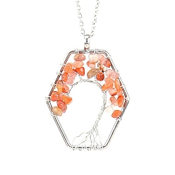 Carnelian Natural Carnelian Chips Beaded Hexagon with Tree Pendant Necklaces, with Platinum Brass Chains, 20.87 inch(53cm)