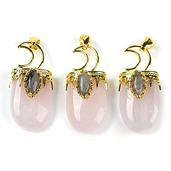 Розовый Кварц Природного розового кварца подвески, Луна прелести, с реечным покрытием позолоченные латунные выводы, без свинца и без кадмия, 43.5~45x20~22x14.5~15.5 мм, отверстие : 6.5x5 мм