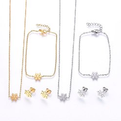 Mixed Color 304 Stainless Steel Jewelry Sets, Pendant Necklaces & Stud Earrings & Bracelets, Snowflake, Mixed Color, 16.54 inch(42cm), 7-1/8 inch(18cm), 10.5x9x1mm, Pin: 0.8mm