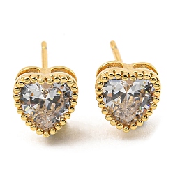 Clear Cubic Zirconia Heart Stud Earrings, Real 18K Gold Plated Brass Earrings, Cadmium Free & Lead Free, Clear, 7x7mm