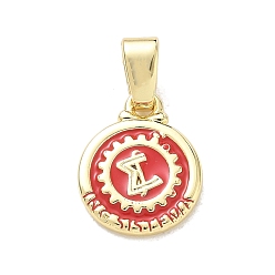 Red Brass Enamel Pendants, Flat Round with Mathematic Symbol Charms, Rack Plating, Long-Lasting Plated, Cadmium Free & Lead Free, Real 18K Gold Plated, Red, 14.5x11.5x2.5mm, Hole: 2.5x4.5mm