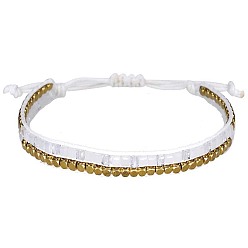 5 white Bohemian Style Handmade Crystal Beaded Bracelet - Copper Beads, Woven, Wax Thread.