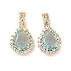 Светло-Синий Латунные микро проложить кубического циркония подвески, слезинки, реальный 18 k позолоченный, голубой, 21x11.5x6 мм, отверстие : 5x3.5 мм