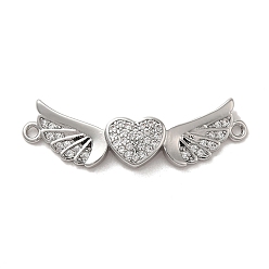 Platinum Brass Micro Pave Clear Cubic Zirconia Connector Charms, Long-Lasting Plated, Valentine's Day Heart Links with Wings, Platinum, 10x32.5x2.5mm, Hole: 1.5mm