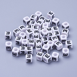 Letter E Acrylic Horizontal Hole Letter Beads, Cube, Letter E, White, Size: about 7mm wide, 7mm long, 7mm high, hole: 3.5mm, about 2000pcs/500g