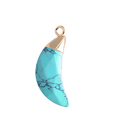 Synthetic Turquoise Synthetic Turquoise Pendants, Faceted Moon Charms, with Golden Plated Brass Findings, 25x10mm
