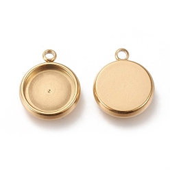 Golden Ion Plating(IP) 304 Stainless Steel Pendant Cabochon Settings, Flat Round, Golden, Tray: 10mm, 15x12x3mm, Hole: 1.8mm