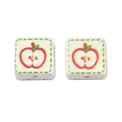 Pale Green Printed Handmade Porcelain Beads, Square, Pale Green, 15~15.5x15~15.5x7.5~8mm, Hole: 2mm