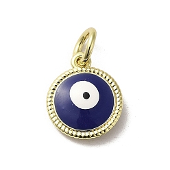 Midnight Blue Brass Enamel Charms, with Jump Ring, Real 18K Gold Plated, Flat Round with Evil Eye Charm, Midnight Blue, 13.5x11.5x3.7mm, Hole: 3.2mm