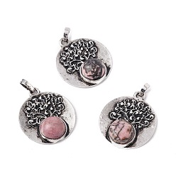 Rhodonite Natural Rhodonite Alloy Pendants, Lead Free & Cadmium Free, Antique Silver, Flat Round with Tree, 28.5x24.5x6.5mm, Hole: 4x3.5mm