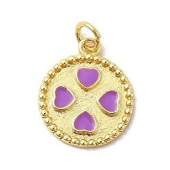 Фиолетовый Латунь эмаль подвески, плоские круглые с подвесками в виде сердечек и соединительными кольцами, без свинца и без кадмия, долговечный, стойки покрытие, реальный 18 k позолоченный, фиолетовые, 17.5x15x2 мм, отверстие : 3.4 мм