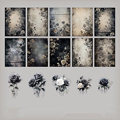 Black Flower Scrapbook Paper Pads & PET Stickers Set, for DIY Album Scrapbook, Background Paper, Diary Decoration, Black, 140x100mm, 30pcs/set