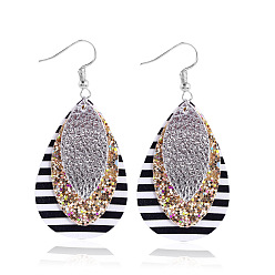 E1912-12 Triple Silver Layer Double-layer Waterdrop PU Leather Earrings Set with American Flag Design