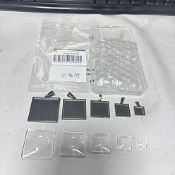 Квадрат 304 Настройки кабошон из нержавеющей стали кулон, с прозрачными квадратными кабошонами из прозрачного стекла, цвет нержавеющей стали, квадратный, 10x10x4 мм