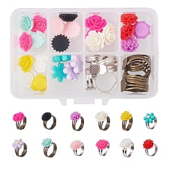 Mixed Color SUNNYCLUE DIY Ring Making, with Iron Pad Ring Base Findings, Adjustable Brass Pad Ring Settings and Flower Resin Cabochons, Mixed Color, 11x7x3cm