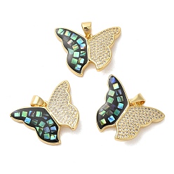 Черный Латунные микро проложить кубического циркония подвески, с эмалью и ракушкой, долговечный, без свинца и без кадмия, реальный 18 k позолоченный, бабочка, чёрные, 20x25x3 мм, отверстие : 4x5 мм