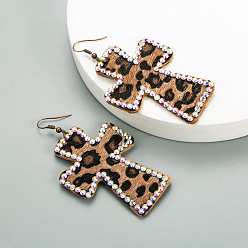 coffee color Bold Cross-Printed Double-Sided Leather Leopard Earrings with Long Length and Full Diamonds - Retro Statement Jewelry