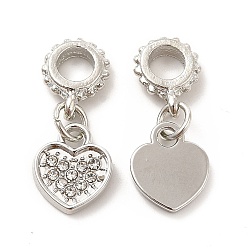 Crystal Rack Plating Alloy Rhinestone European Dangle Charms, Large Hole Charms, Heart, Platinum, Crystal, 23mm, Heart: 11.6x10x1.6mm, Hole: 4.5mm