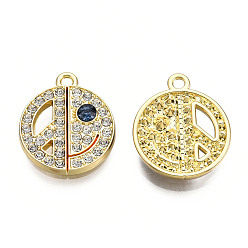 Light Gold Rack Plating Alloy Pendants, with Rhinestone, Cadmium Free & Nickel Free & Lead Free, Flat Round with Smiling Face, Light Gold, 21x18x3.5mm, Hole: 1.8mm