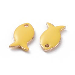 Yellow Brass Charms, with Enamel, Fish, Raw(Unplated), Yellow, 13.5x7.5x2mm, Hole: 1.2mm