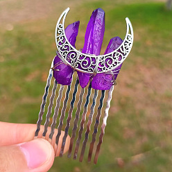 Purple Natural Crystal Quartz Hair Combs, with Metal Finding, for Women, Moon, Purple, 70x35mm