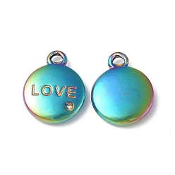 Rainbow Color Ion Plating(IP) 304 Stainless Steel Pendant Rhinestone Settings, Flat Round with Word LOVE Charm, Rainbow Color, Fit: 1mm Rhinestone, 13x10.5x3mm, Hole: 1.2mm