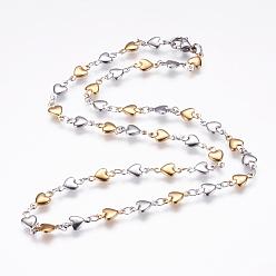 Golden & Stainless Steel Color 304 Stainless Steel Chain Necklaces, with Lobster Claw Clasps, Heart, Golden & Stainless Steel Color, 17.9 inch(45.5cm)