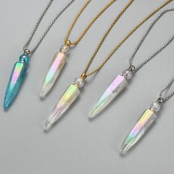 Mixed Color Electroplate Natural Quartz Crystal Perfume Bottle Pendant Necklaces, with 304 Stainless Steel Box Chains and Plastic Dropper, Faceted, Bullet, Mixed Color, 27.75 inch(70.5cm), Bottle Capacity: 2ml(0.06 fl. oz)