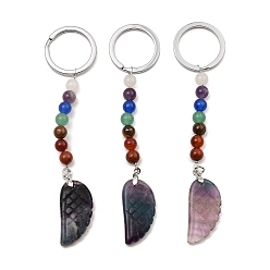 Fluorite Natural Fluorite Feather Keychain, with Chakra Gemstone Bead and Platinum Tone Rack Plating Brass Findings, 11.4cm